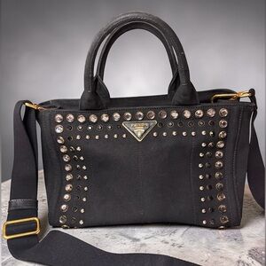 Prada Black Bijou Studded Canapa Tote Bag